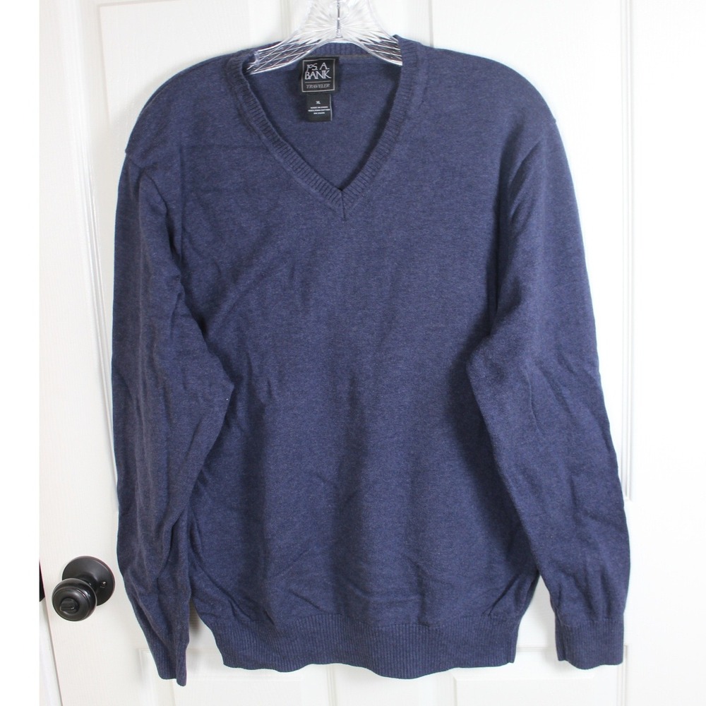 Jos A Bank Traveler Mens XL Blue V Neck Long‎ Sleeve Pima Cotton Sweater